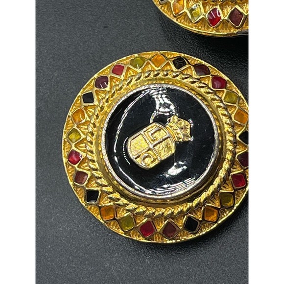 Liz Claiborne Vintage Lg Oval Black Enamel Jewel Crest Clip Earrings - Picture 11 of 16